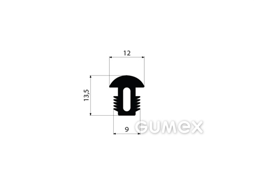 Pryžový profil tvaru "T" s dutinkou, 13,5x12/9mm, 70°ShA, EPDM, -40°C/+100°C, černý